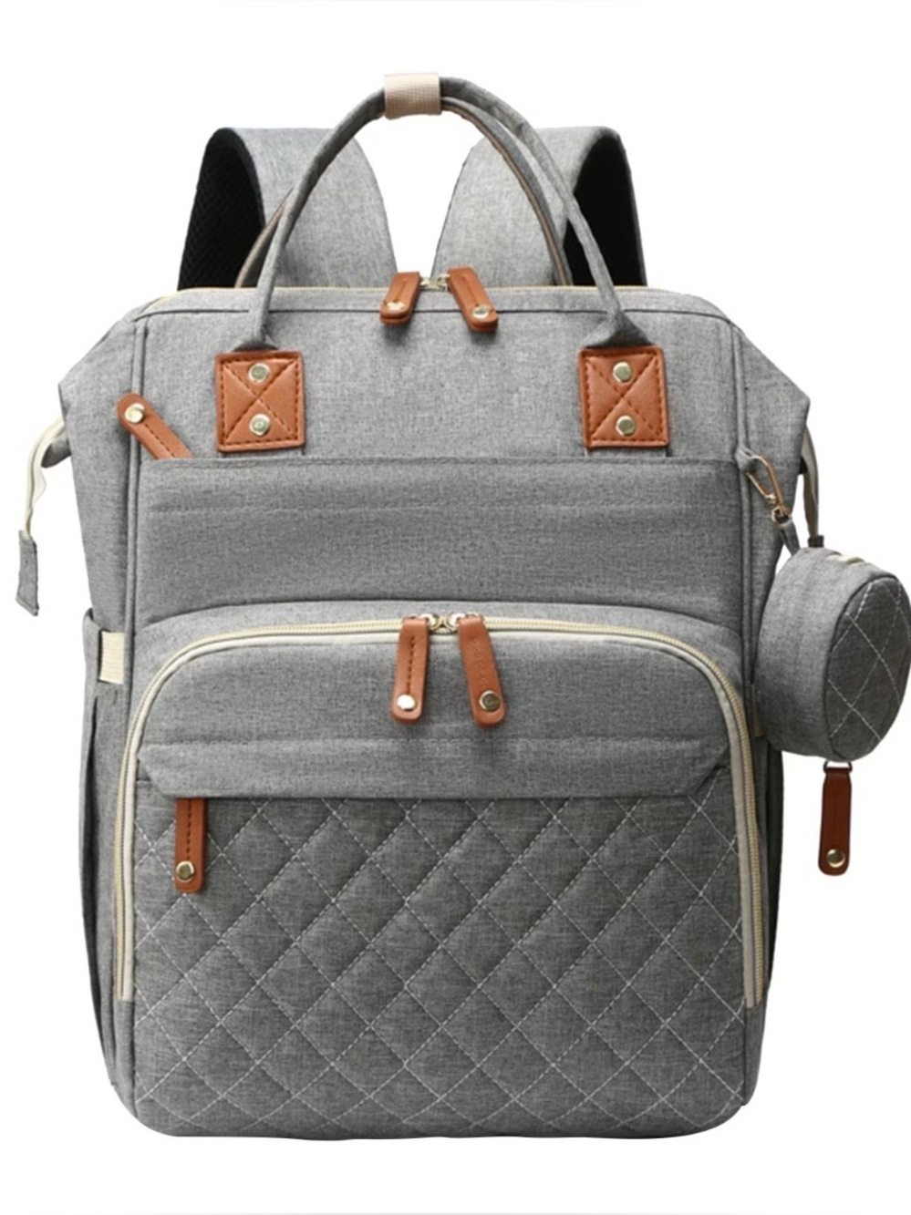 Gray Quilted Multi-Functional Diaper Bag Backpack with Pacifier Case